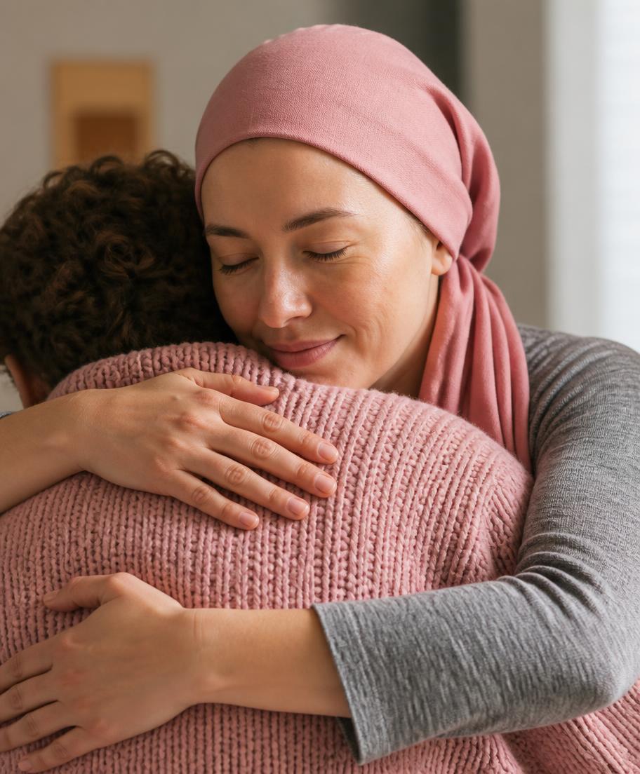 A woman in a headscarf embracing a loved one